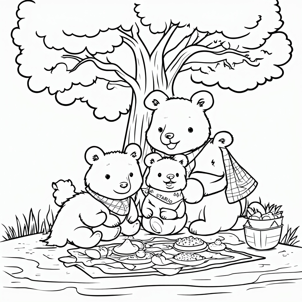 A family of bears enjoying a picnic under a tree, an inviting scene to bring to life with color.