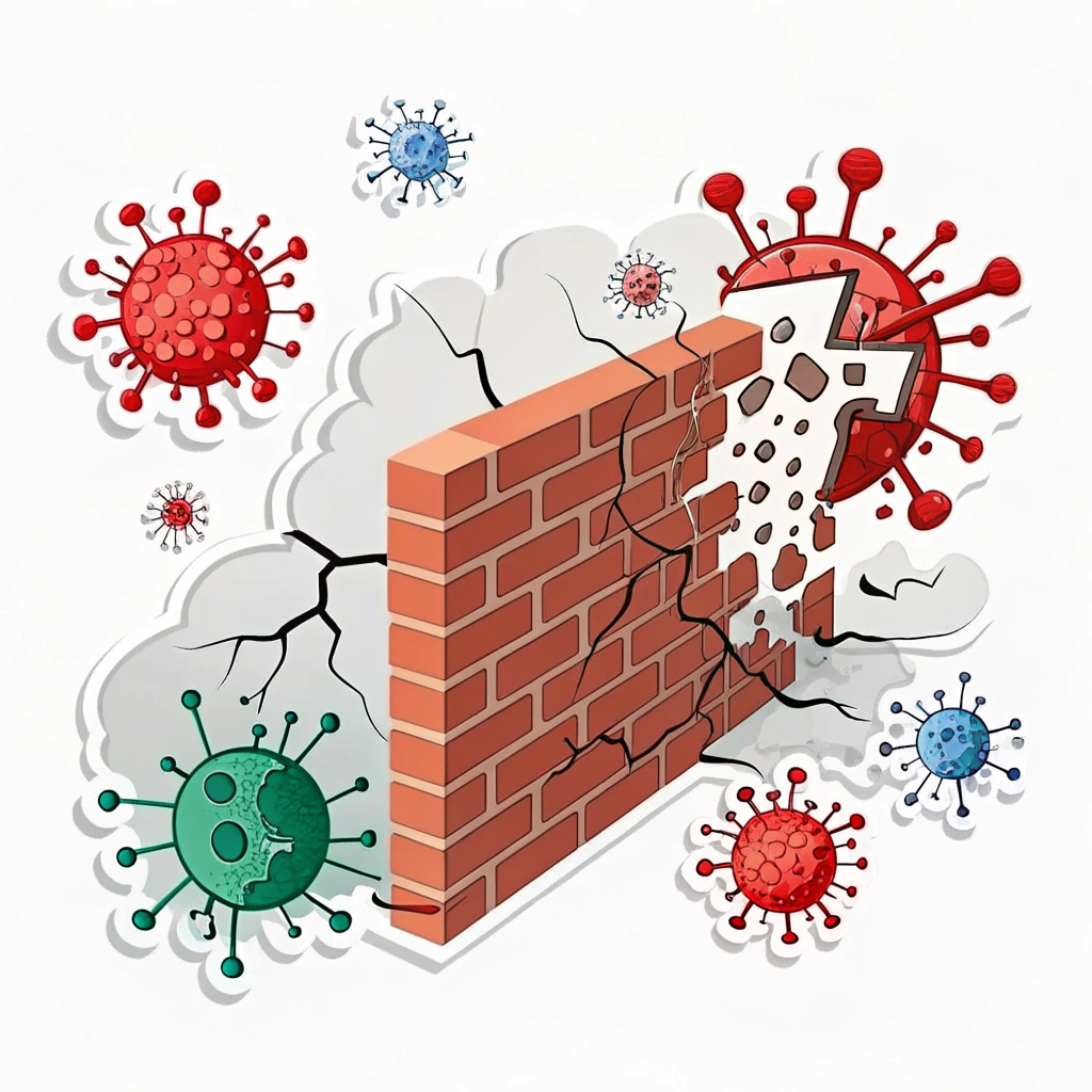 Design Idea 2: A dynamic depiction of a brick wall being hit by abstract digital threats (like pixelated viruses or glitch effects), with the wall visibly deflecting them, possibly showing cracks but remaining strong.