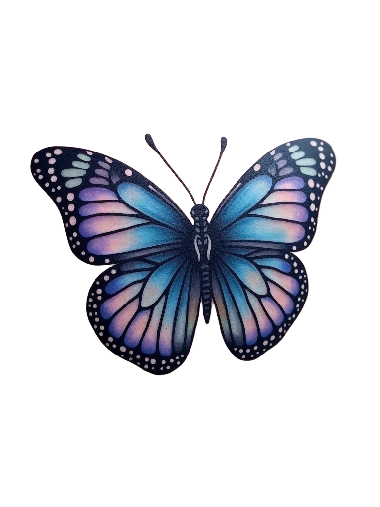 Elegant butterfly tattoo with shades of blue and purple, wings spreading across a shoulder blade, representing change and hope.