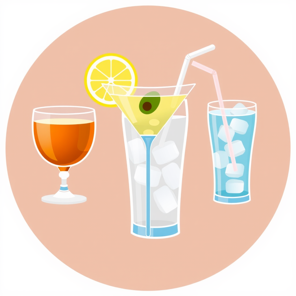 Sub-design idea 4: Produce icons that depict beverages with common garnishes or accessories, still in flat design – a lemon wedge on a tea glass, an olive in a martini glass, a straw in a soda cup, ice cubes in a water glass.