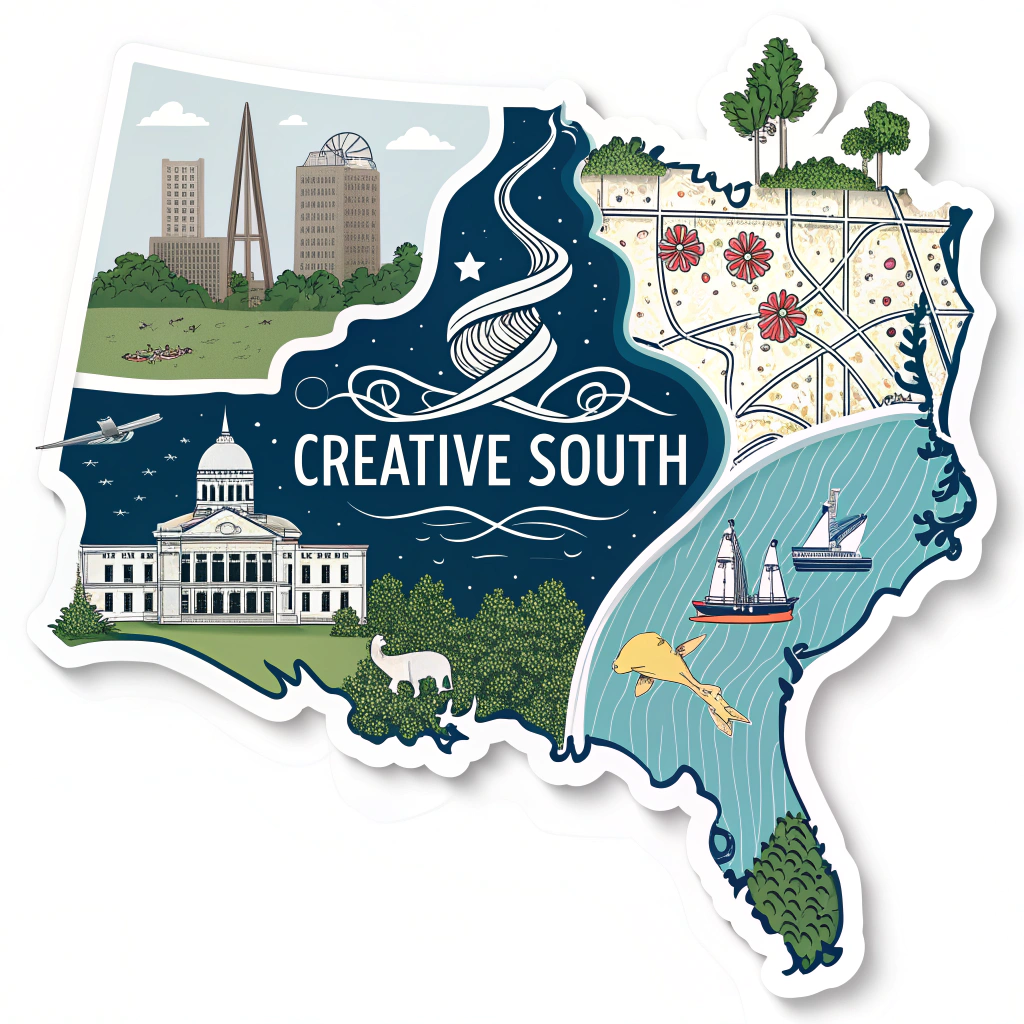 Creative South sticker design idea: A stylized map of the Southern US with iconic landmarks and the Creative South logo.