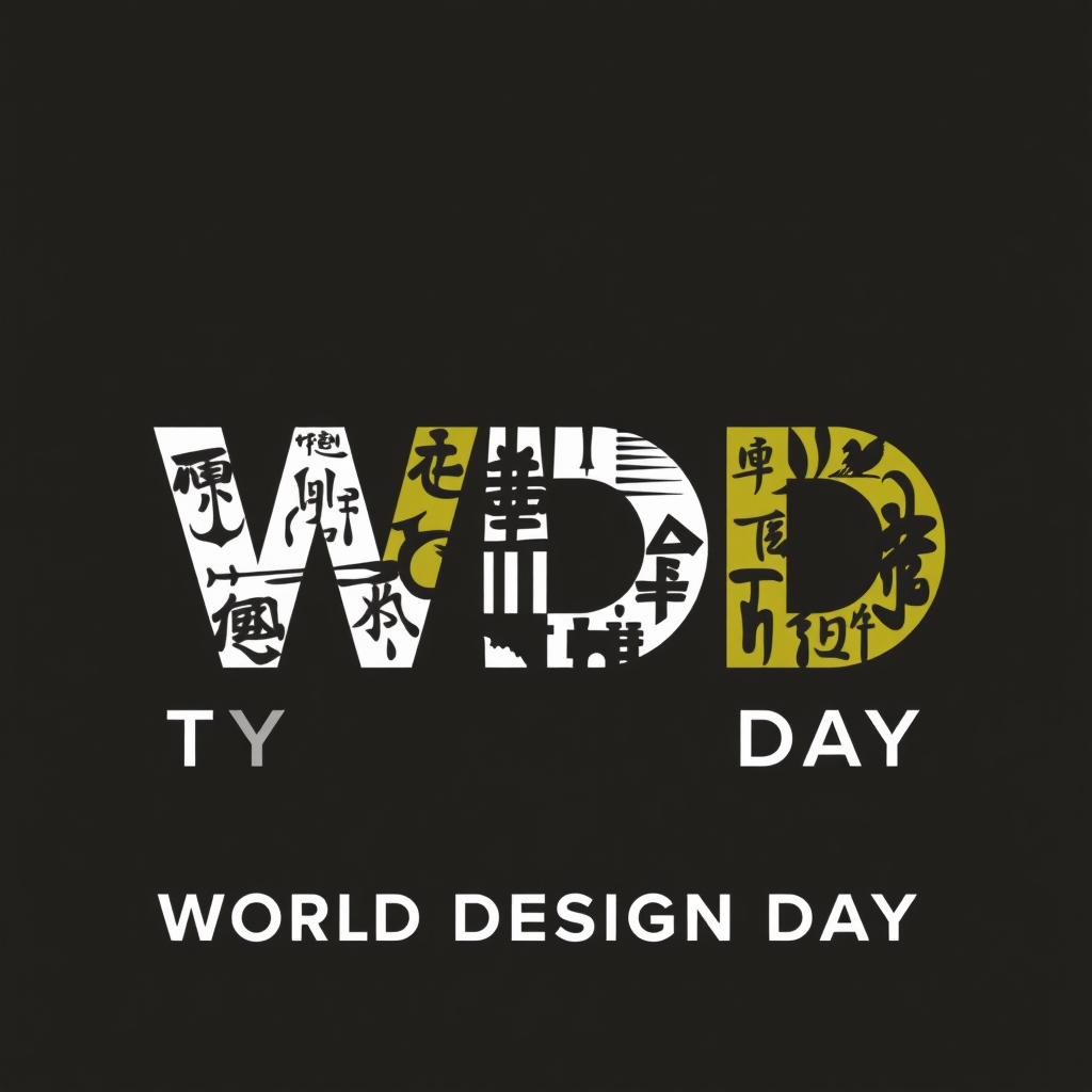 Typography as Culture: The acronym 'WDD' or the phrase 'World Design Day' rendered in a custom typographic style where each letter or section draws inspiration from different global scripts or calligraphic traditions, harmonized into a cohesive whole.
