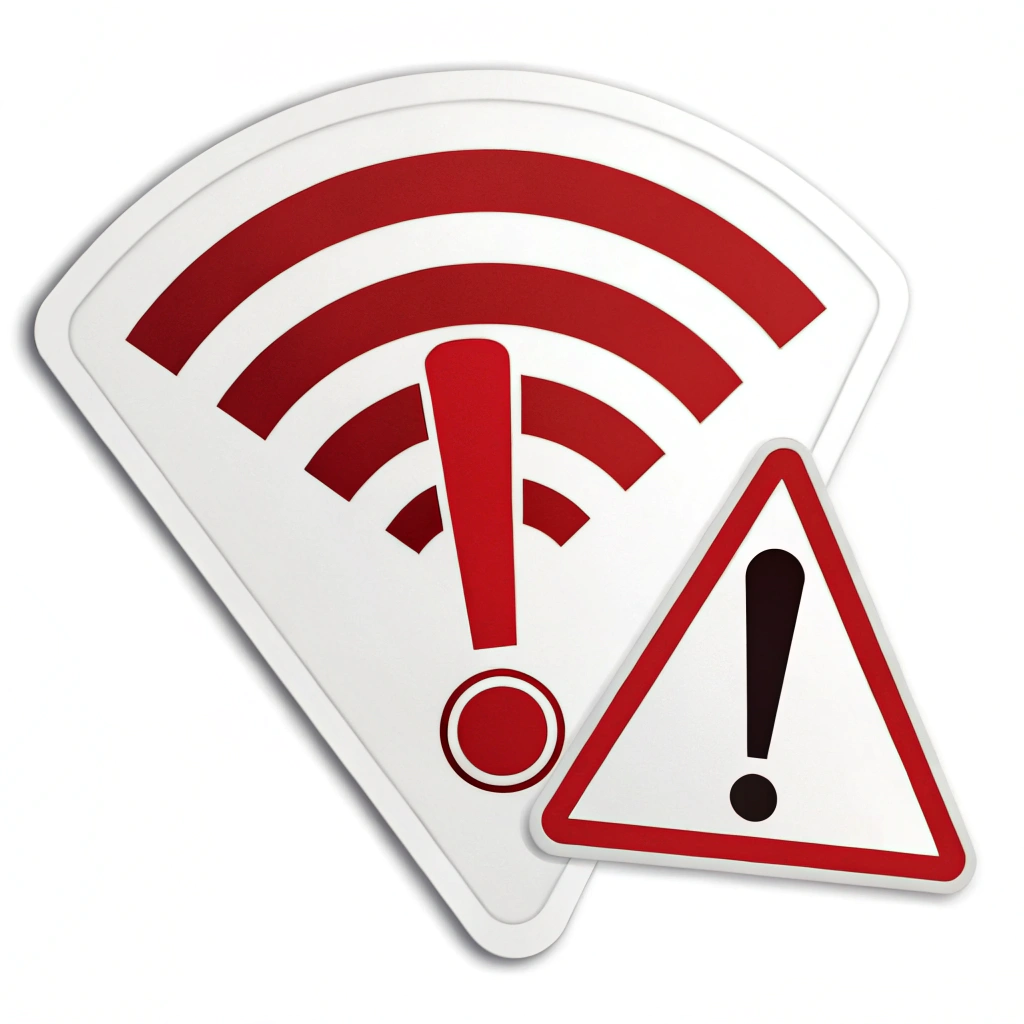Simple Icon Idea: A standard Wi-Fi symbol overlaid with a bold, universally recognized red exclamation mark to signify immediate caution regarding network safety.