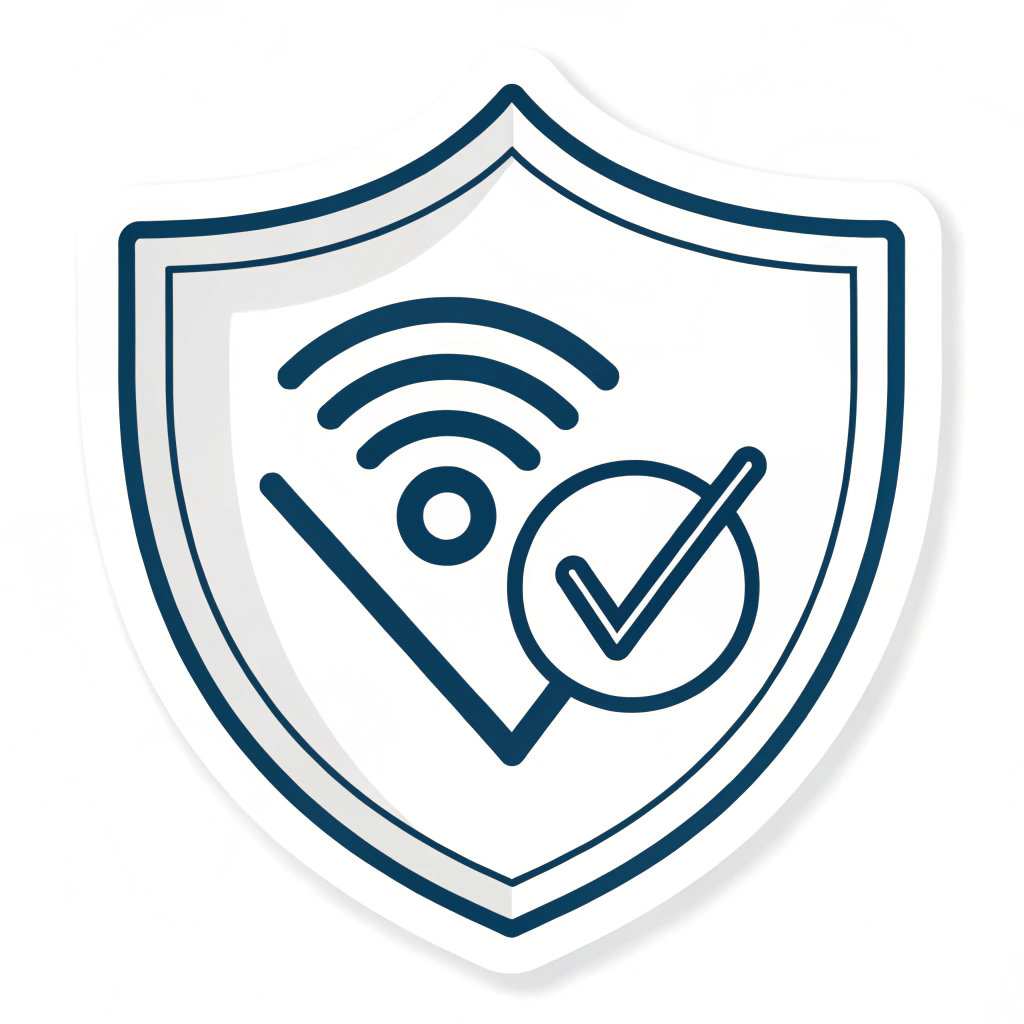 Minimalist Digital Shield Icon Sticker: A very simple and clean sticker design. Features a minimalist shield outline with a single, prominent digital element inside, like a stylized 'checkmark' for security, a glowing dot for a secured data point, or a simple wifi-like pulse.