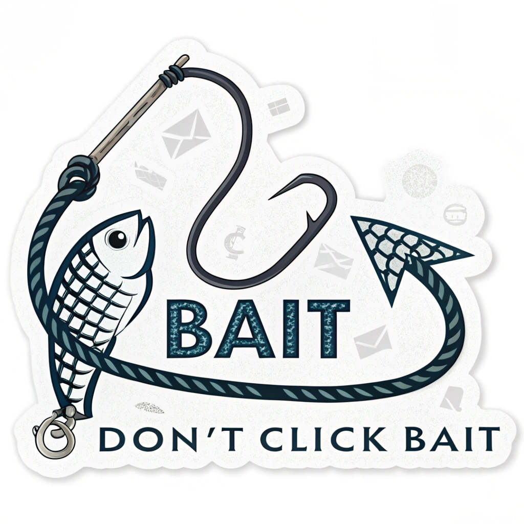 Sub-design 4 (Code as Lure): A fish hook made of intertwined binary code (0s and 1s) or snippets of pseudo-code. The 'bait' is a fake login field. The text 'Don't Click Bait' in a monospaced, tech-style font.