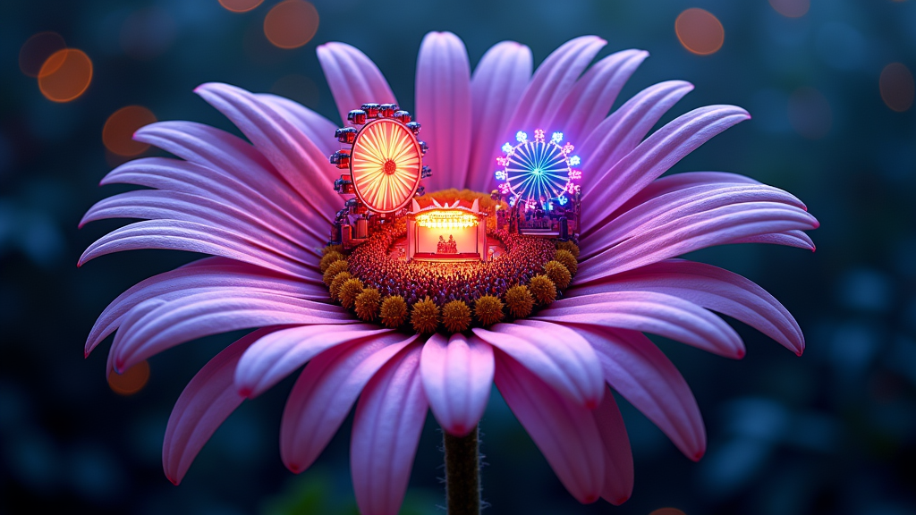 Festival Scene Petals: Each petal of a large daisy depicts a different miniature neon-lit festival scene (e.g., Ferris wheel, stage, crowd). Dark, atmospheric background.