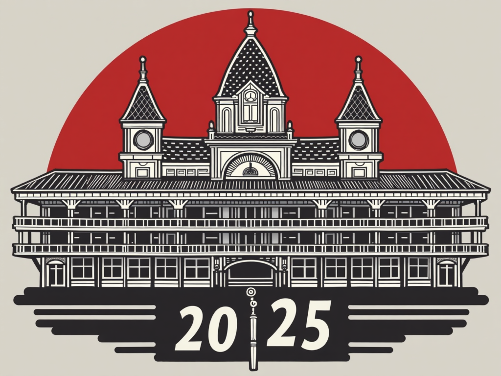 A modern, minimalist line art representation of the Churchill Downs facade, possibly with a single, bold color accent (e.g., Derby rose red for '2025'). The text 'Kentucky Derby 2025' could be in a clean, sans-serif font.