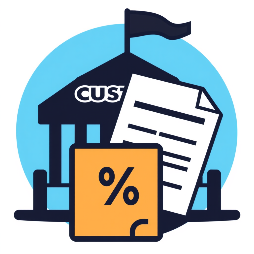 Customs & Tariff Document: Icon combining a customs checkpoint building silhouette with a stylized document in the foreground displaying a visible percentage (%) and currency symbol (e.g., $), indicating tariffs processed.
