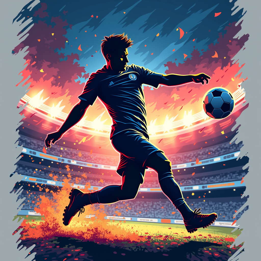 T-shirt featuring a sharp, angular silhouette of a player in peak action (e.g., aerial kick, diving save) against an abstract, energetic background representing stadium lights or vivid motion streaks. 'FIFA Club World Cup 2025' integrated stylistically.