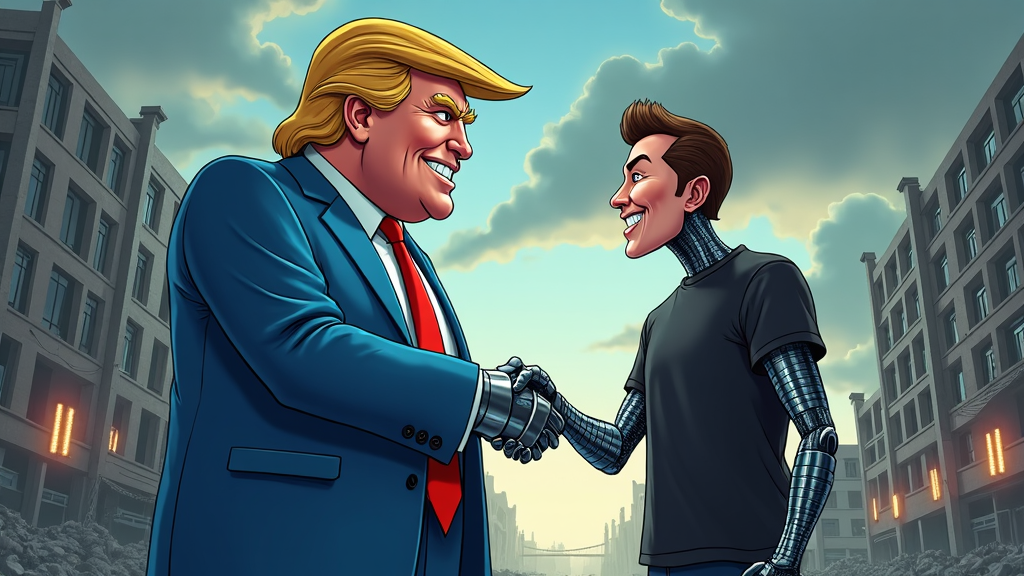 Comic illustration of a giant robotic Donald Trump shaking hands with Elon Musk's AI doppelgänger, set in a dystopian urban landscape.