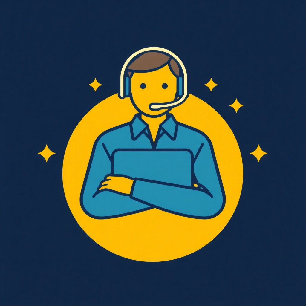 The image is a graphic illustration of a person wearing a headset and holding a laptop. The person is wearing a blue shirt and has a smile on their face. The background is a dark blue color with a yellow circle in the center. Around the circle, there are small yellow stars scattered around. The overall design is simple and cartoon-like.