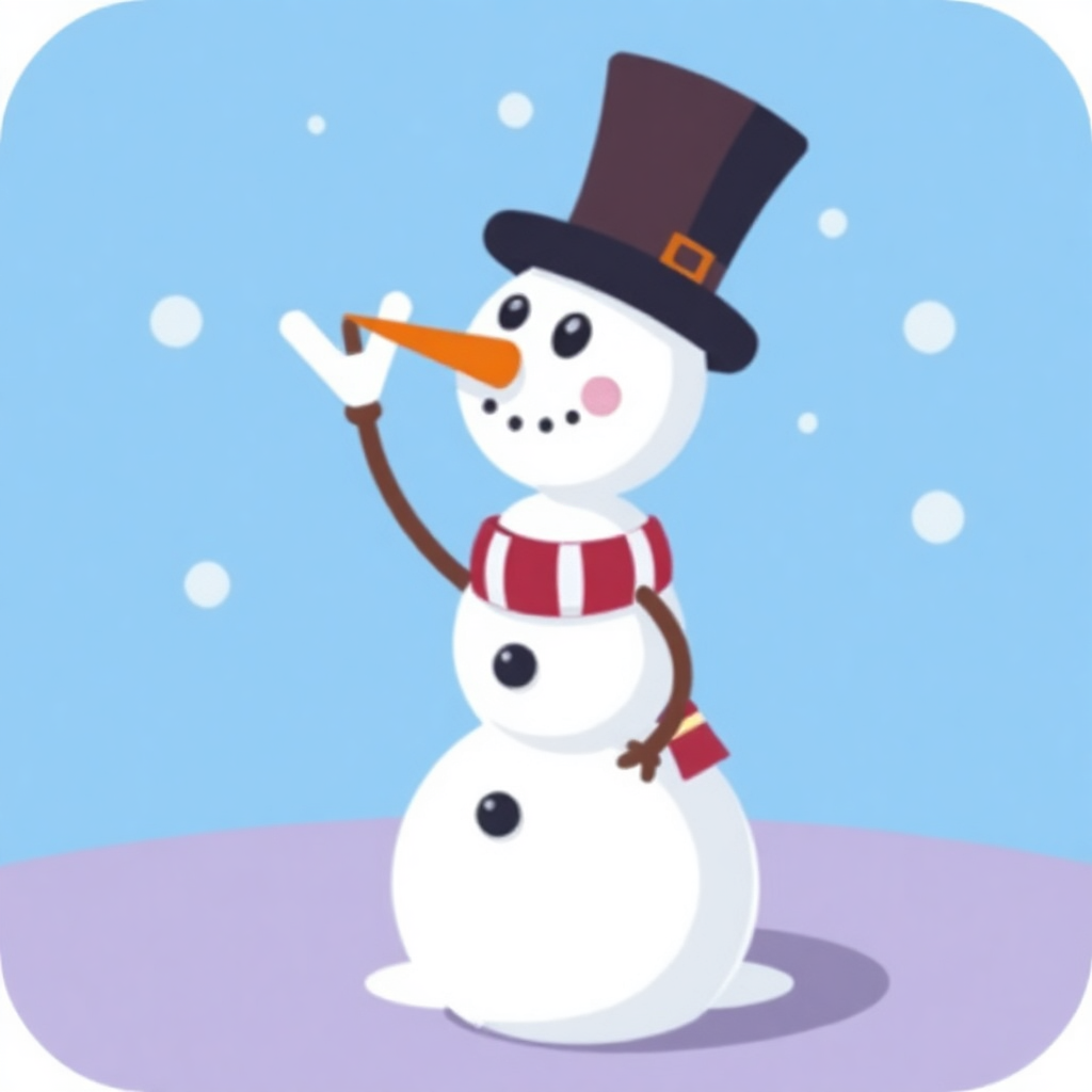 The image shows a snowman wearing a top hat and scarf, standing in the snow with a blue and white background.