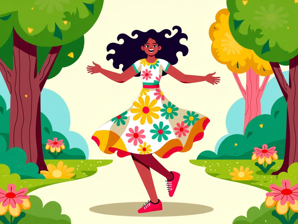 The image is an illustration of a young woman dancing in a park. She is wearing a colorful dress with a floral pattern and red sneakers. Her hair is styled in loose curls and she has a big smile on her face. The background is filled with trees and flowers, and there is a path leading away from the woman. The overall mood of the image is joyful and carefree.