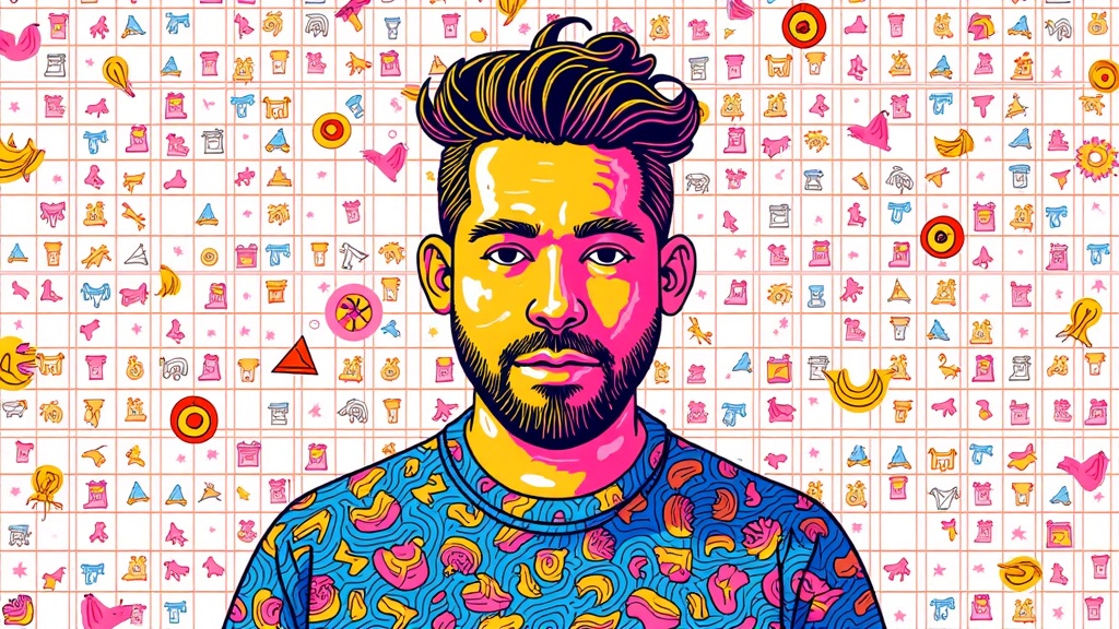 Psychedelic Grid Portrait: Create a portrait of Post Malone using a grid system where each cell contains a different micro-illustration or a swirling psychedelic pattern that contributes to the overall likeness. The 'sounds' aspect could be represented by undulating lines weaving through the grid.
