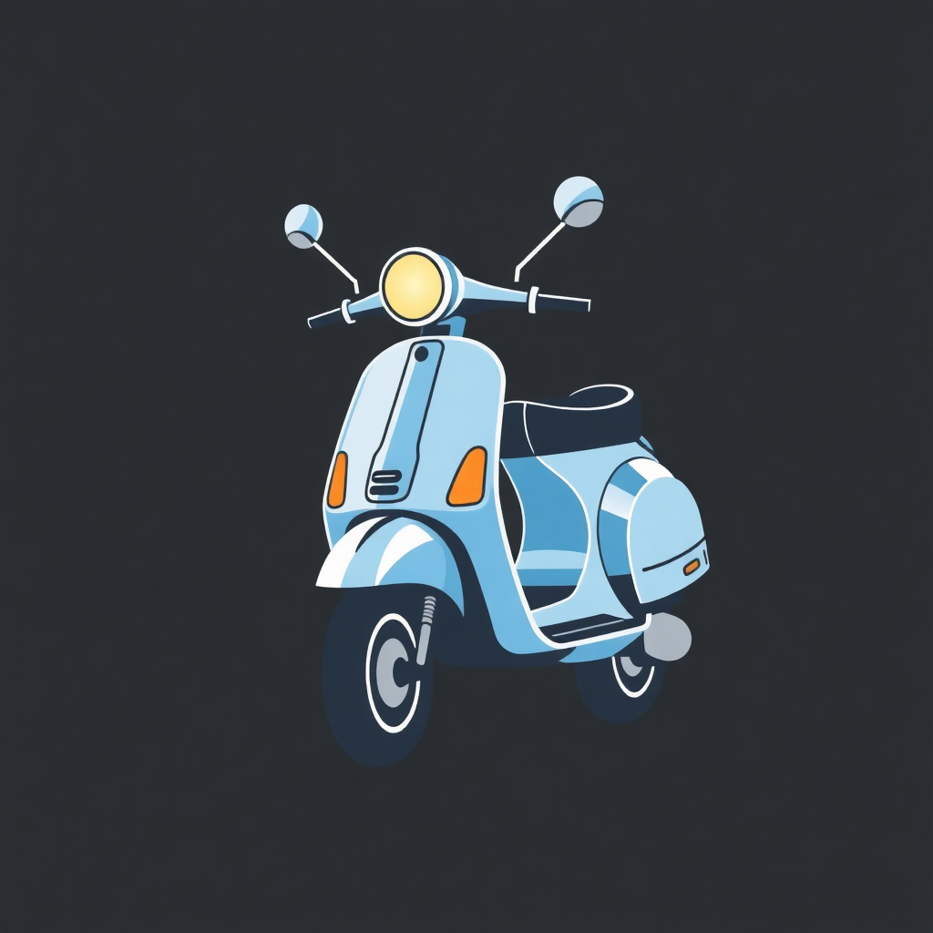 The image is a digital illustration of a blue scooter. The scooter has a round headlight and two side mirrors on either side. The body of the scooter is light blue with a black seat and handlebars. The front wheel is black with white spokes. The background is a solid black color. The overall design is simple and minimalistic.