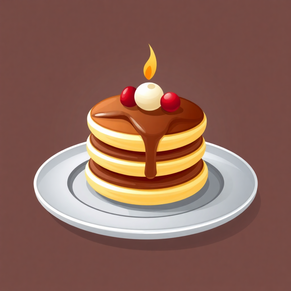 The image is a digital illustration of a stack of pancakes on a white plate. The pancakes are golden brown and appear to be freshly made. On top of the pancakes, there is a drizzle of chocolate sauce and two red berries. The sauce is dripping down the sides of the stack, creating a smooth and glossy texture. The plate is round and has a silver rim. The background is a plain brown color. The overall style of the image is simple and cartoon-like.