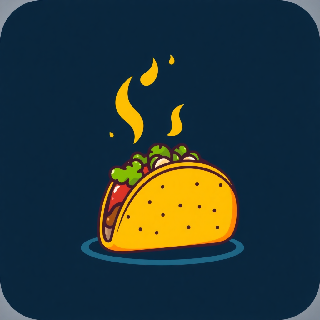 The image is a square icon with a dark blue background. In the center of the icon, there is a yellow taco with small black dots on it. The taco is filled with a variety of ingredients, including lettuce, tomato, and cheese. On top of the taco, there are two yellow flames that appear to be rising from the top. The flames are curved and have a wavy texture. The overall design is simple and cartoon-like.