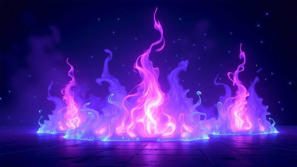 The image is a digital illustration of a group of pink and blue flames on a dark background. The flames are arranged in a way that creates a sense of movement and energy. The colors are vibrant and the flames appear to be glowing, giving the image a dynamic and energetic feel. The background is a deep blue with small white stars scattered throughout, creating a starry night sky. The floor is made of concrete, and the overall mood of the image is dark and mysterious.