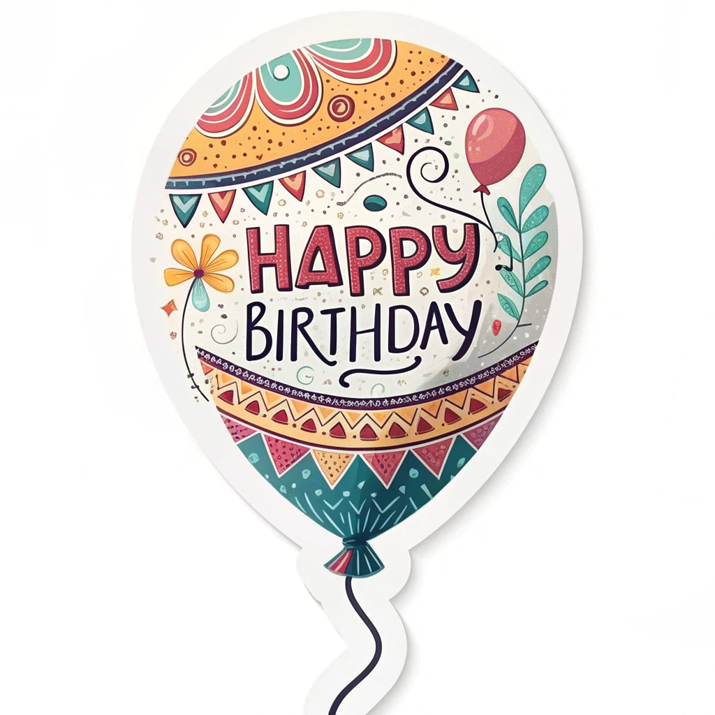 A sticker shaped like a birthday balloon with 'Happy Birthday' integrated into the balloon's design, possibly as part of its pattern.