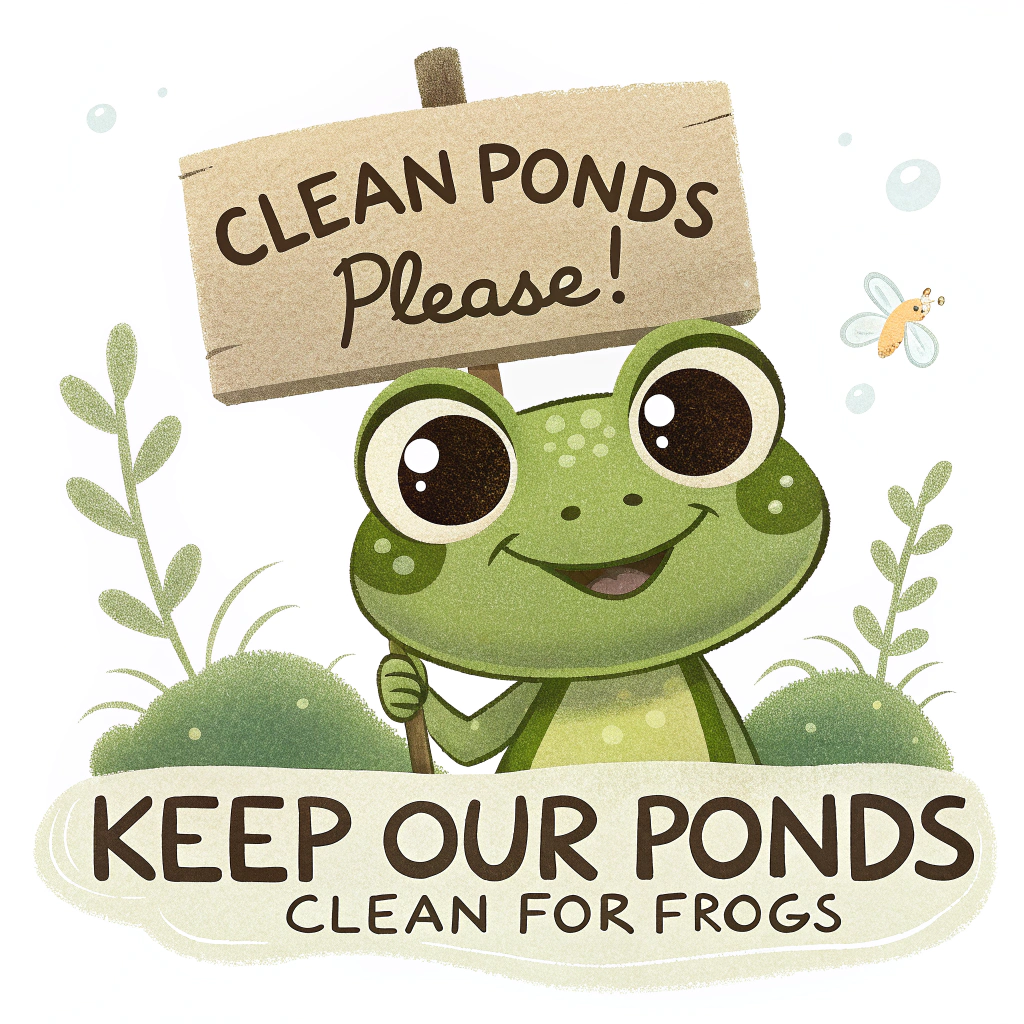 A cute frog character holding a small sign that reads 'Clean Ponds Please!'. The main message 'Keep Our Ponds Clean for Frogs' is written prominently below the character.