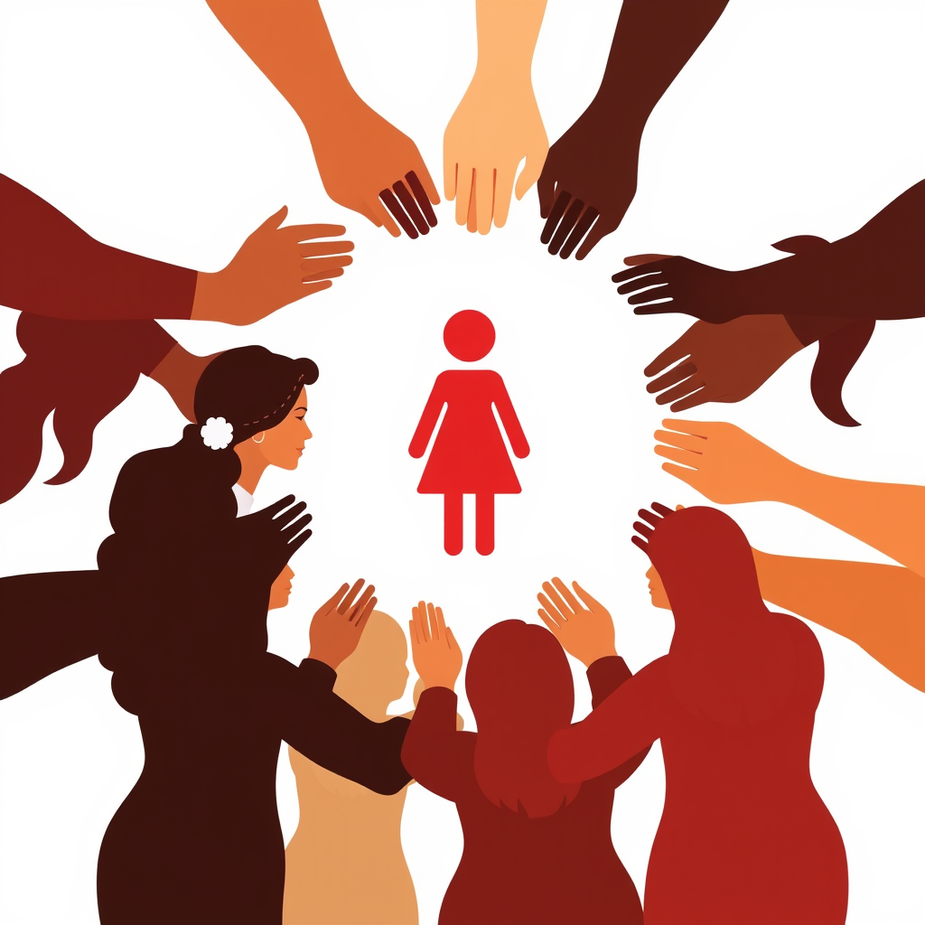 Stylized silhouette of diverse women joining hands, forming a circle around the female symbol.