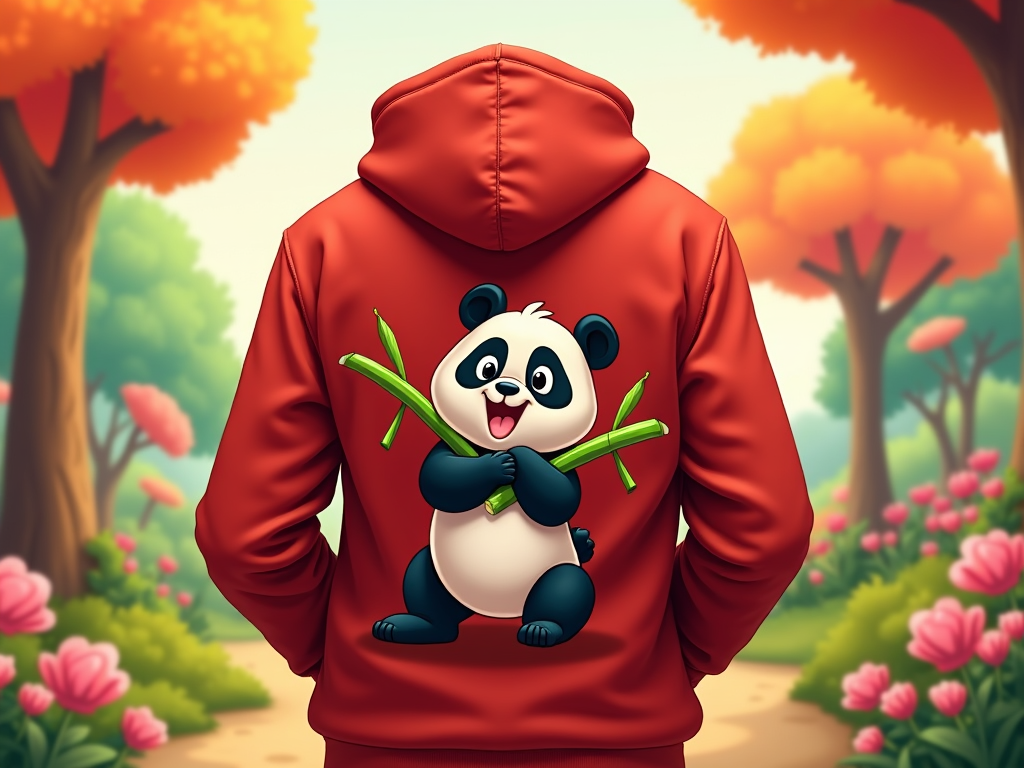 A vibrant red hoodie with cartoon characters printed on the back, showcasing a playful panda munching on bamboo.