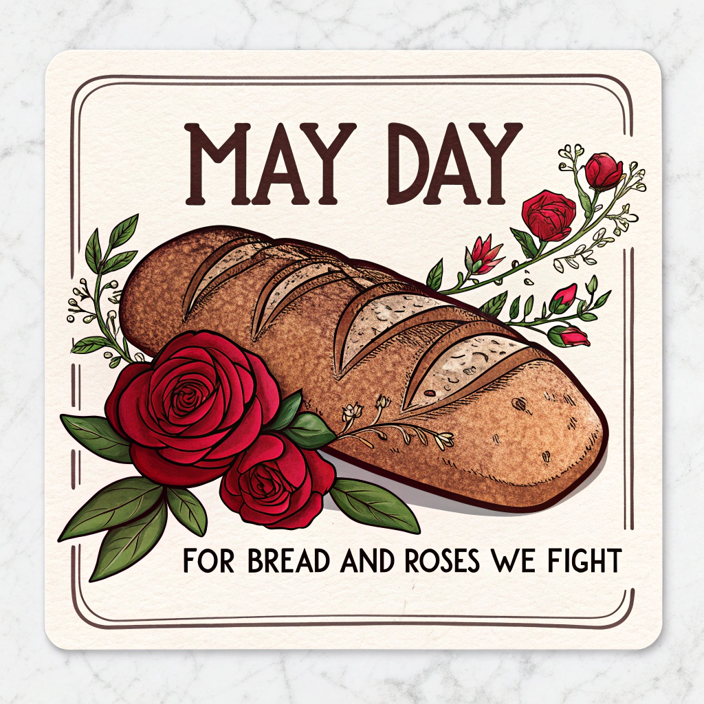 Sub-design 3 (Intertwined Elements): An illustrative sticker showing a rustic loaf of bread and a blooming red rose intertwined. This could be presented with a slightly vintage feel. The text 'May Day: For Bread and Roses We Fight' is clearly legible.