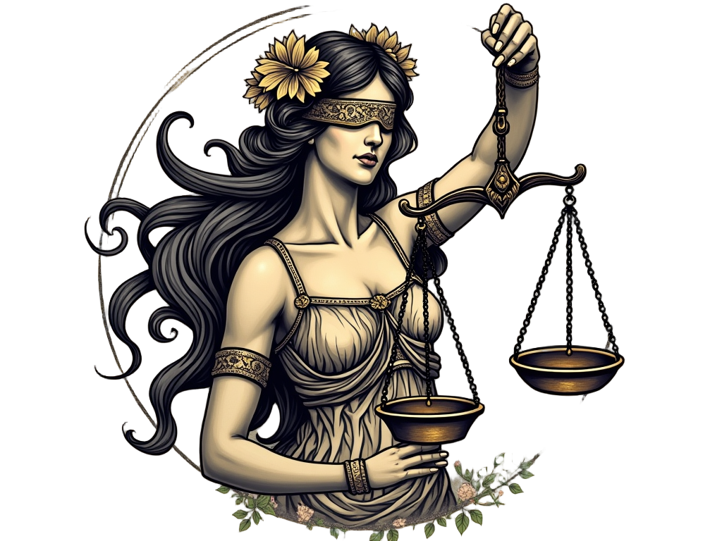 Lady Justice tattoo depicted in an art nouveau style, with floral patterns intertwined with the blindfold and scales.