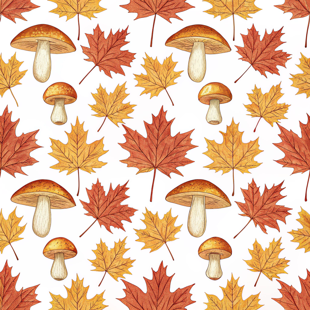 An intricate design of maple leaves symmetrically aligned with golden mushrooms, exuding warmth and elegance.