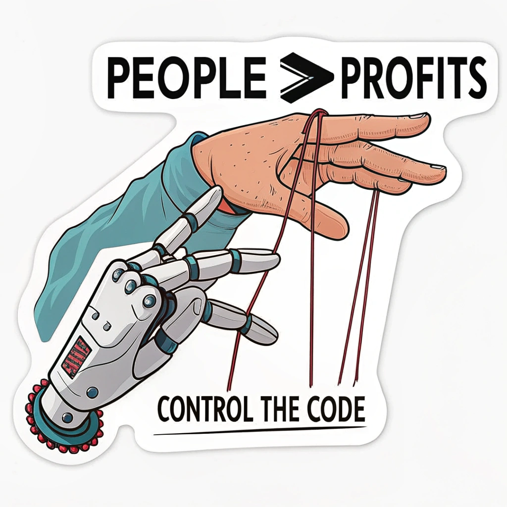 Stylized image combining a human hand and a robot hand, perhaps in a tense handshake or with the robot hand holding puppet strings attached to the human hand. Text suggestion: 'People > Profits' or 'Control the Code'.