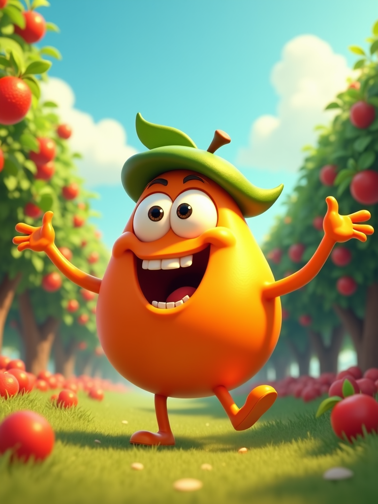 The image is a 3D illustration of a cartoon character in an apple orchard. The character is orange in color and has a big smile on its face. It is wearing a green hat with a leaf on top and has two arms stretched out to the sides. The background shows rows of apple trees with red apples hanging from their branches. The ground is covered in green grass and there are a few apples scattered around. The sky is blue with white clouds. The overall mood of the image is cheerful and playful.