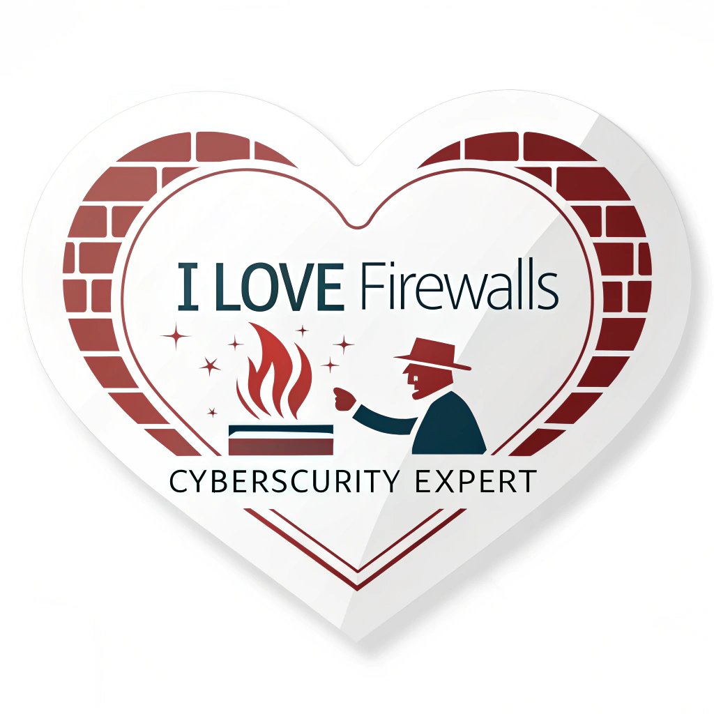 The Heartwall Design: A heart-shaped sticker, or a standard shape featuring a large heart graphic whose 'walls' are depicted as strong firewall segments (digital lines or bricks). 'I Love Firewalls' integrated within or around the heart, with 'Cybersecurity Expert' clearly stated.