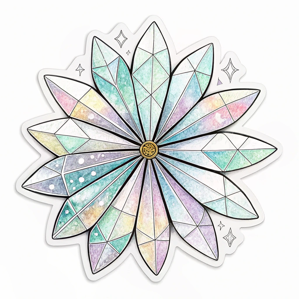 Origami Star-Petal Daisy Sticker: A geometric daisy inspired by origami folds, where each petal is a sharp, crystalline shape. Petals have iridescent facets reflecting starlight, creating a 'star-like' daisy. Colors could be pearlescent or shifting.