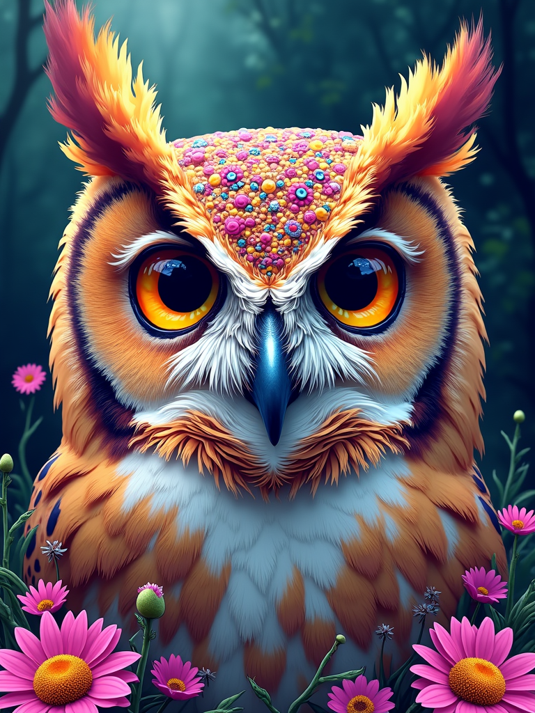 Sub-design 4: Psychedelic Daisy Dream Owl - A close-up of the owl's face where feathers morph into swirling psychedelic patterns and daisies, using a palette of muted neon or earthy retro tones.