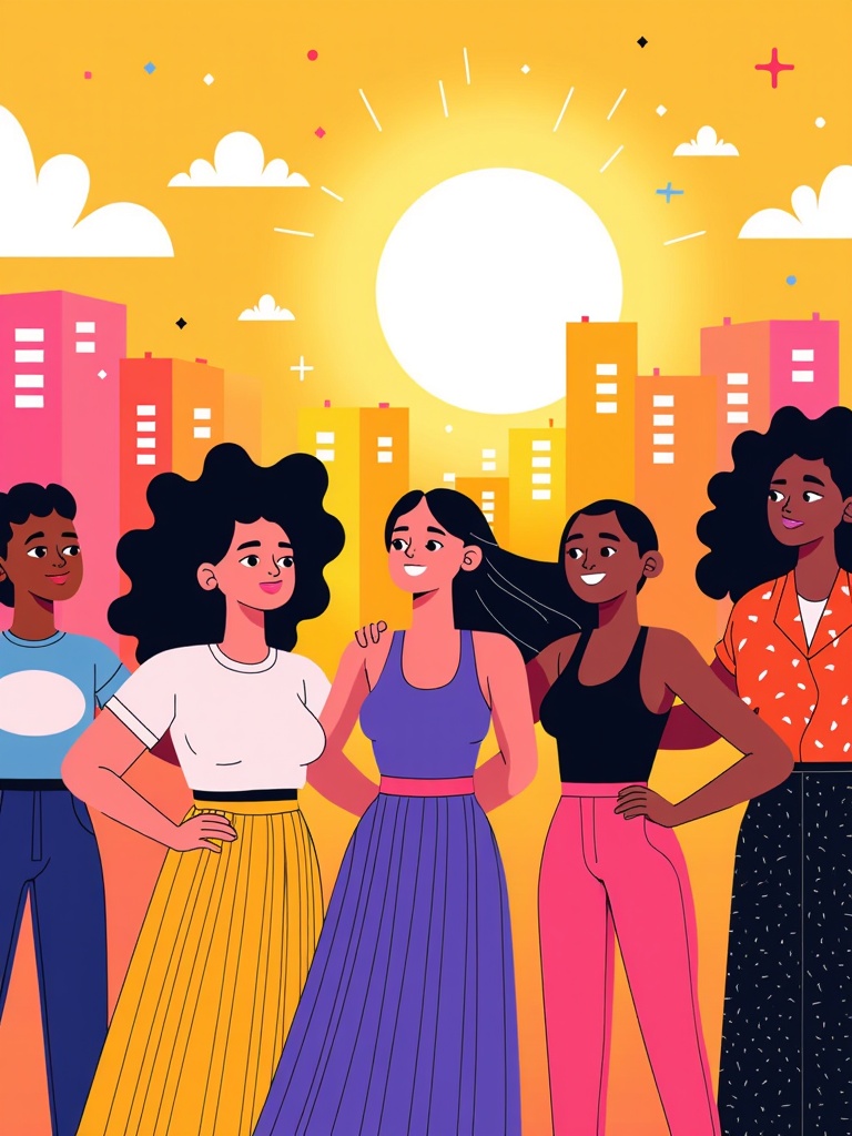 A group of diverse women standing together, arms linked, looking confidently towards the future. A bright sun or cityscape could be in the background, symbolizing progress and opportunity.