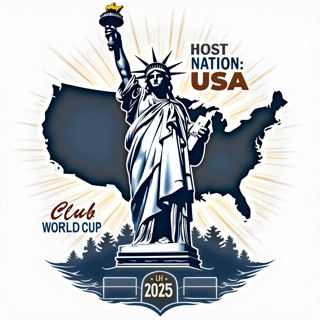Design Idea 3: 'American Landmark & Pitch'. A T-shirt design showcasing a prominent US landmark (e.g., Statue of Liberty holding a soccer ball, an eagle with a soccer ball in its talons flying over a US map outline) graphically merged with soccer elements like a pitch outline or goal. Text elements: 'Host Nation: USA', 'Club World Cup 2025'. Color scheme: Could be monochromatic with a single highlight color (e.g., blue and white with gold) or full patriotic colors inspired by the landmark.