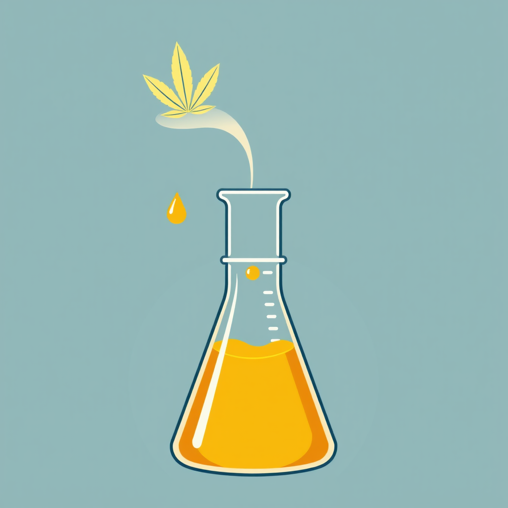 Sub-design 5: A beaker depicted as if it's distilling or extracting a substance, with vapor rising that subtly forms the shape of a marijuana leaf, or a single drop from the beaker spout containing a tiny leaf motif.