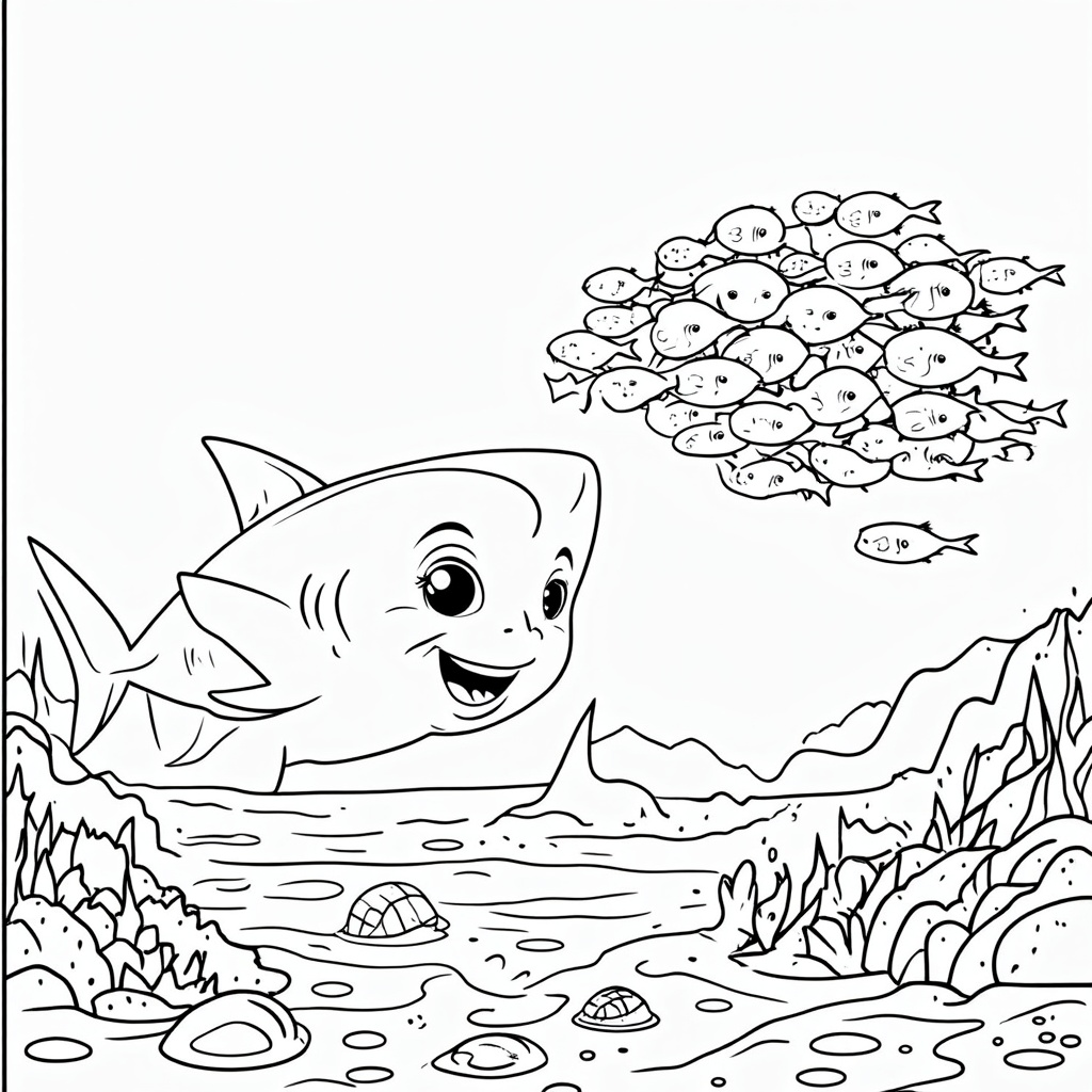 Happy baby shark waving its fin at a school of tiny silver fish gleaming under the ocean light, with various shellfish scattered on the seabed.