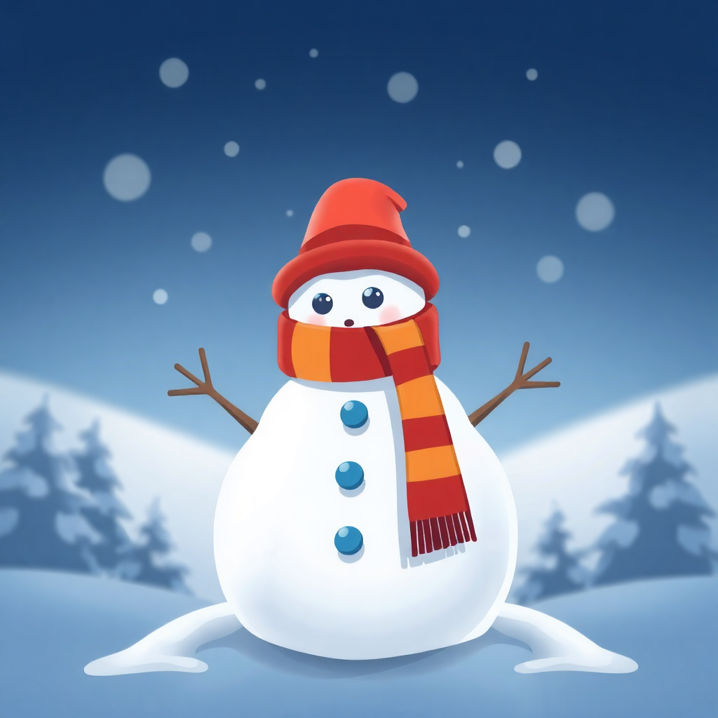 The image shows a snowman wearing a red hat and scarf standing in the snow. The snowman is surrounded by trees and the sky is visible in the background.