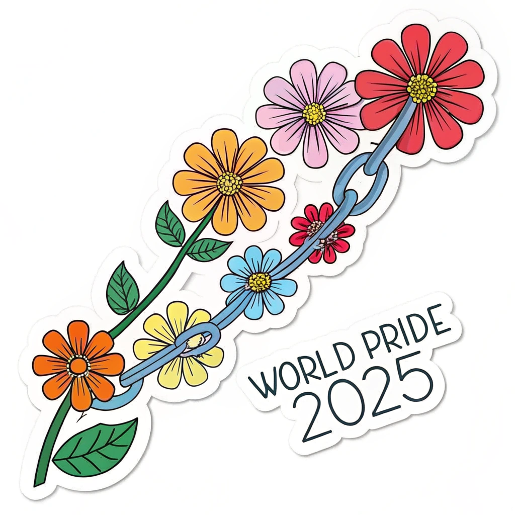 WorldPride 2025 Sticker - Interlocking Rainbow Flora Chain: A design featuring a chain or border of stylized, interlocking flowers. Each flower in the sequence would be a distinct bright color of the rainbow, symbolically representing unity and diversity within the Pride movement. This design is versatile for different sticker shapes (strip, round).