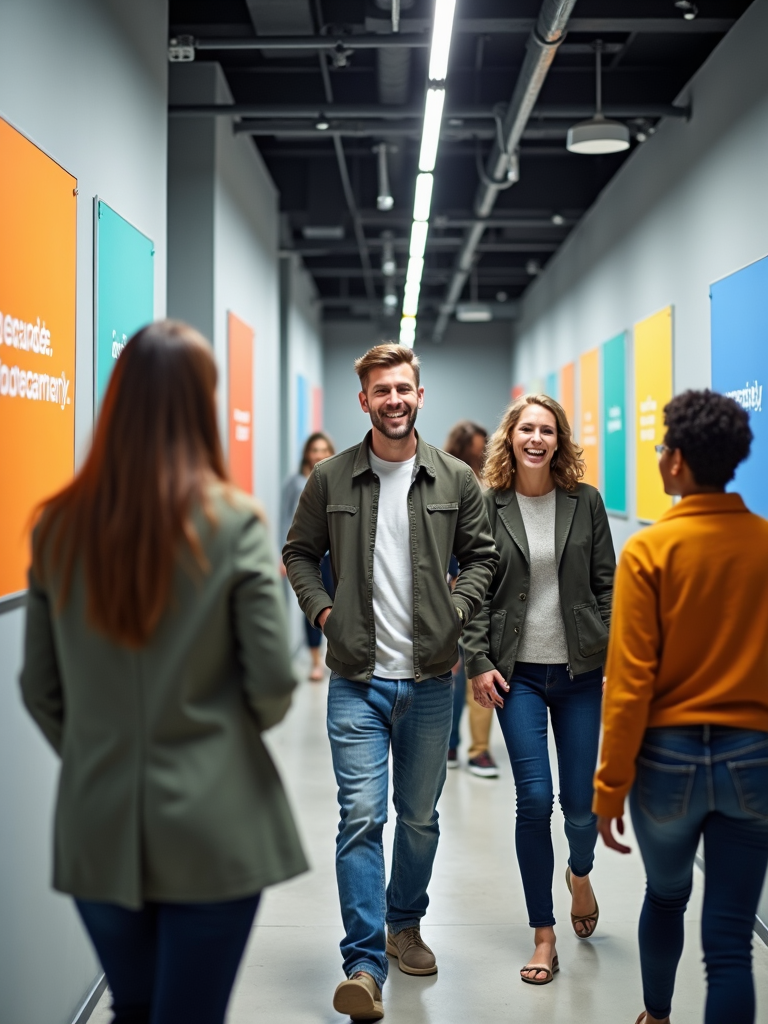 A hallway adorned with motivational posters promoting transparency and productivity, while employees walk by engaged in conversation.