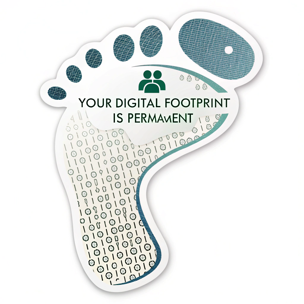 A die-cut sticker shaped like a human footprint, where the sole pattern is made of flowing binary code (0s and 1s), with the text 'Your Digital Footprint is Permanent'.