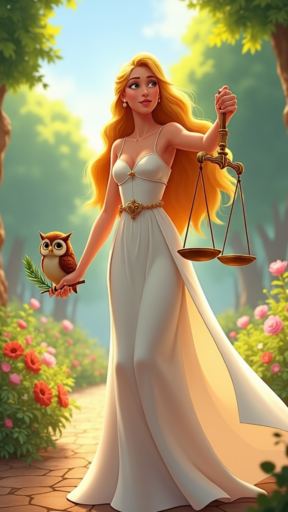 Lady Justice drawn alongside symbolic elements like an owl, signifying wisdom, and an olive branch for peace resting upon her scales, showcasing sensitivity and awareness in the justice system.