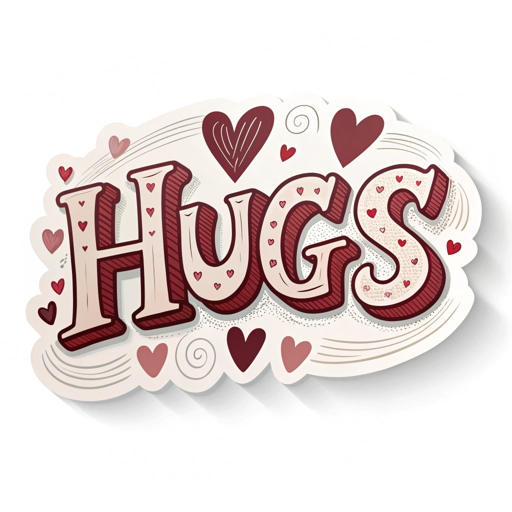 A sticker displaying the word 'Hugs' in a bold, three-dimensional style, with a subtle shadow and heart accents, giving a sense of warmth and depth.