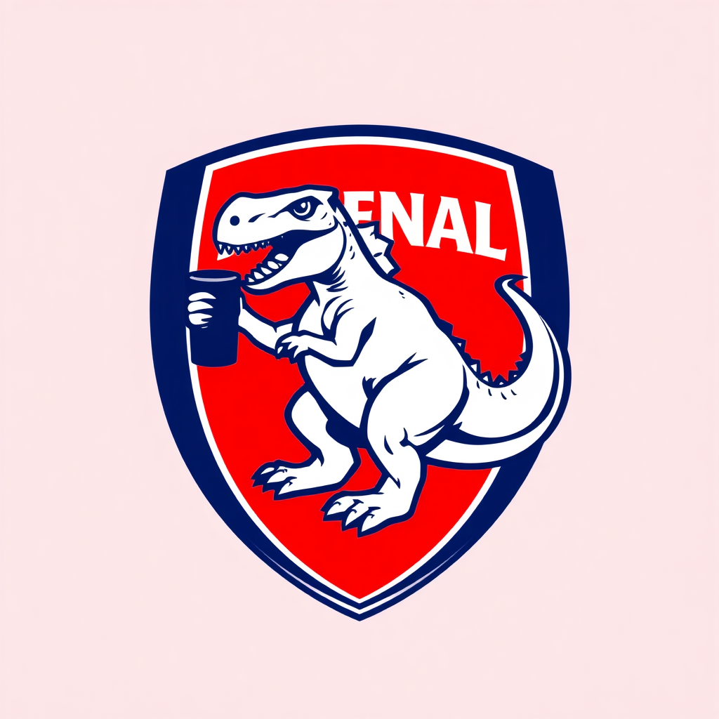 Sub-Design Idea 1: A traditional Arsenal shield, but the cannon is either being held or creatively replaced by a stylized Goonersaurus in a powerful pose. The club's name remains prominent.