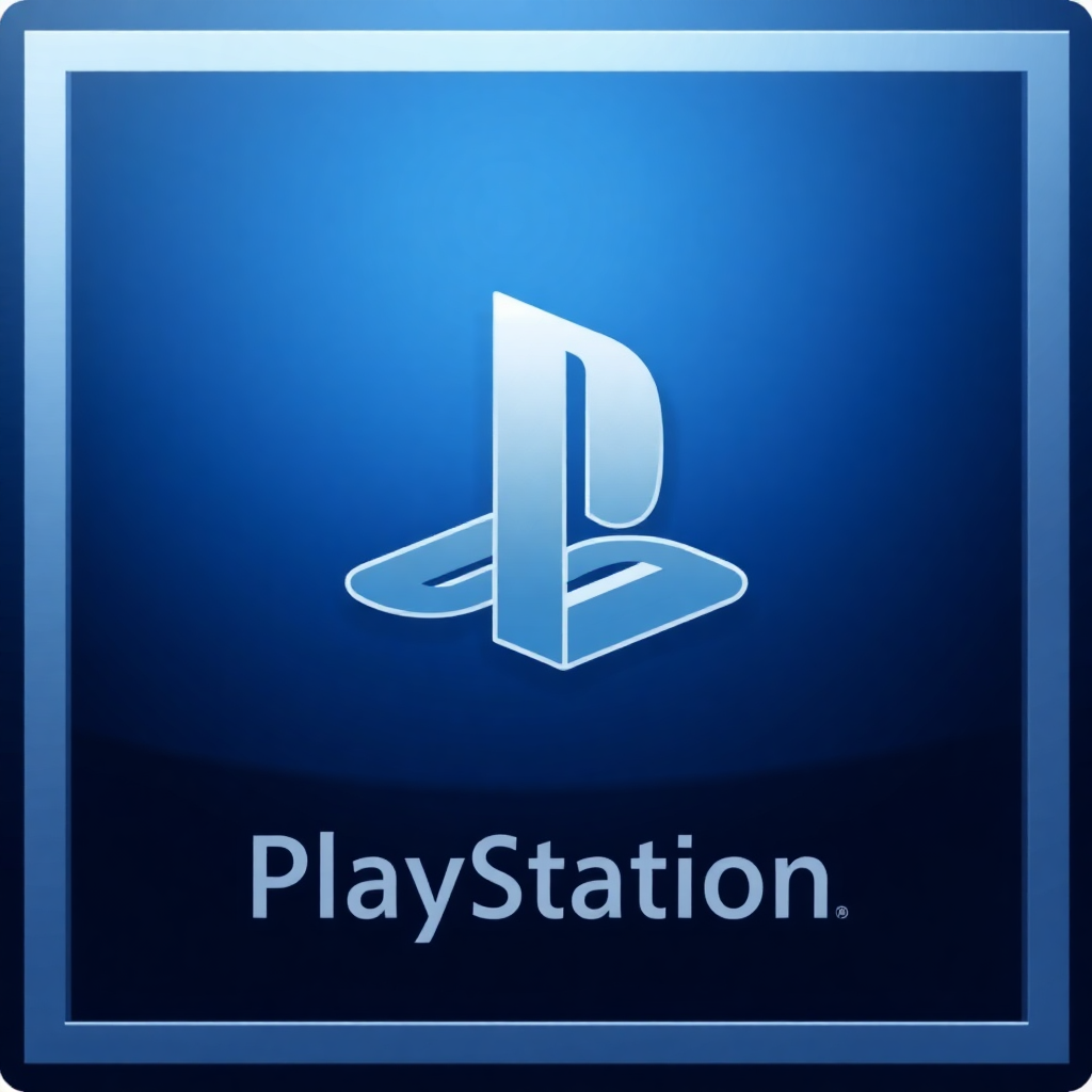 The image is a square-shaped logo of the PlayStation brand. The logo is blue in color and has a white border around the edges. In the center of the logo, there is a white letter P in the shape of a playstation symbol. Below the symbol, the word PlayStation is written in white capital letters. The overall design is simple and modern.