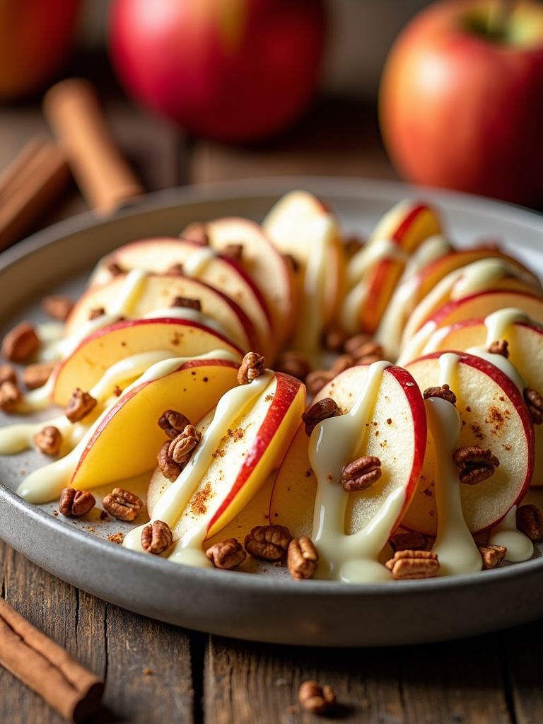 Apple nachos: sliced apples topped with melted white chocolate, chopped nuts and a sprinkle of cinnamon.