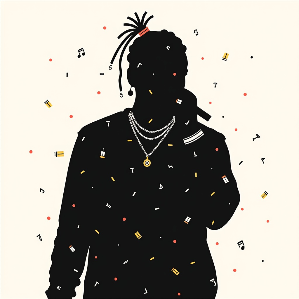 Textured Silhouette with Micro-Symbols: A minimalist silhouette of Post Malone filled with a subtle texture made up of tiny, repeating iconic symbols (e.g., miniature cigarettes, small '7's, or musical notes) only visible upon closer inspection.