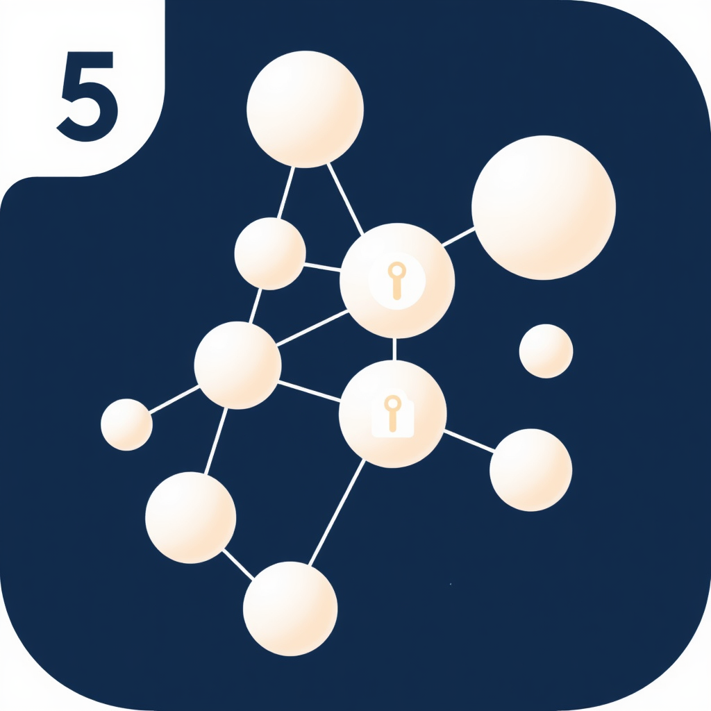 Design Idea 5: Secure Node Constellation - Several nodes of varying sizes are arranged like a constellation, with lines connecting them. One or two key nodes in the cluster are highlighted with a distinct security symbol (e.g., a keyhole, a minimalist lock, or a checkmark).