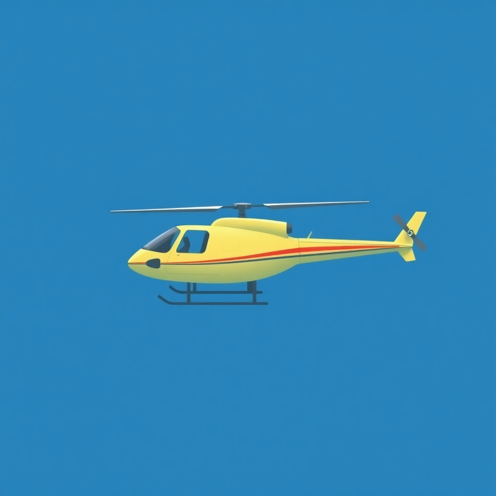 The image is a digital illustration of a yellow helicopter flying in a clear blue sky. The helicopter is in the center of the image, with its body facing towards the left side of the frame. It has a pointed nose and two propellers on either side. The body of the helicopter is painted in a bright yellow color with red stripes running along the sides. The wings are spread out and the tail is pointed upwards. The background is a solid, solid blue color. The image appears to be a 3D rendering, giving it a realistic look and feel.